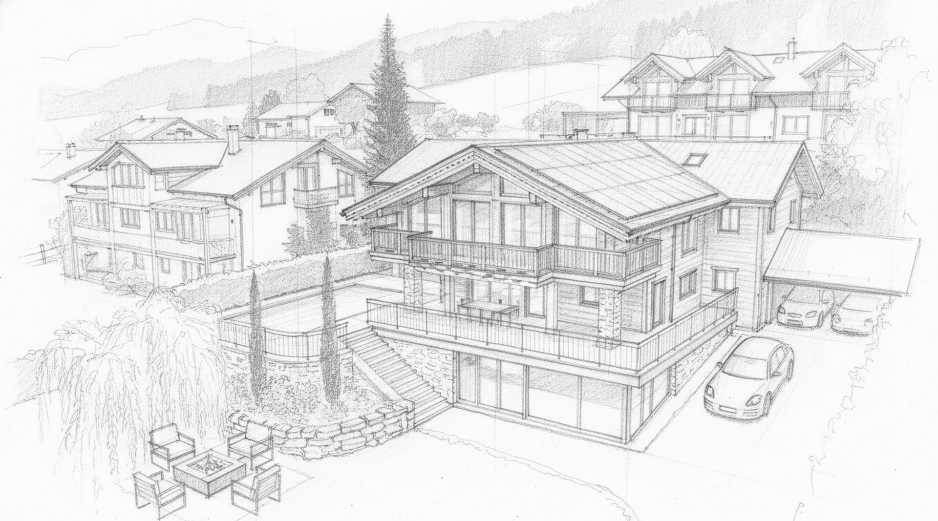 Hangvilla Hopfen am See als Bleistift-Architekturskizze