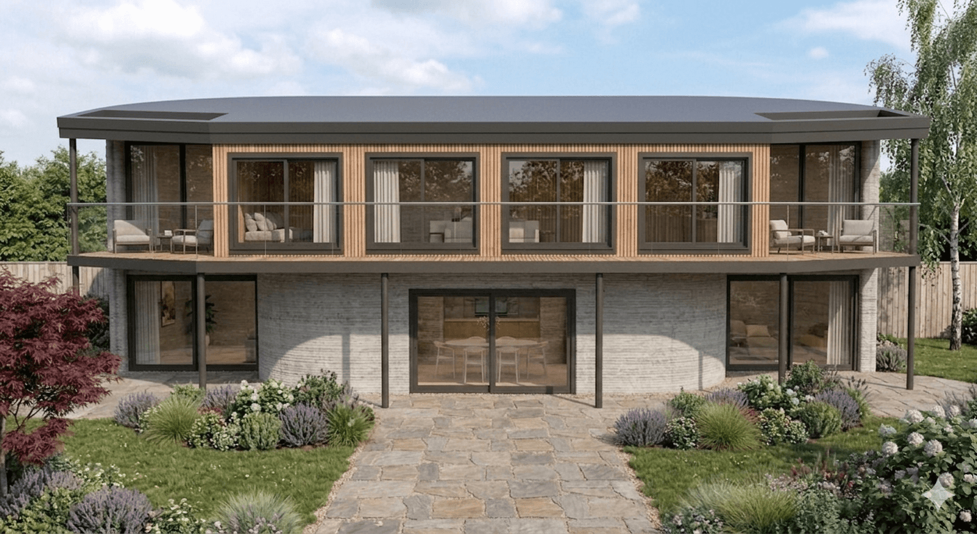 Konzeptstudie Betondruck-Gebäude — Ansicht 1