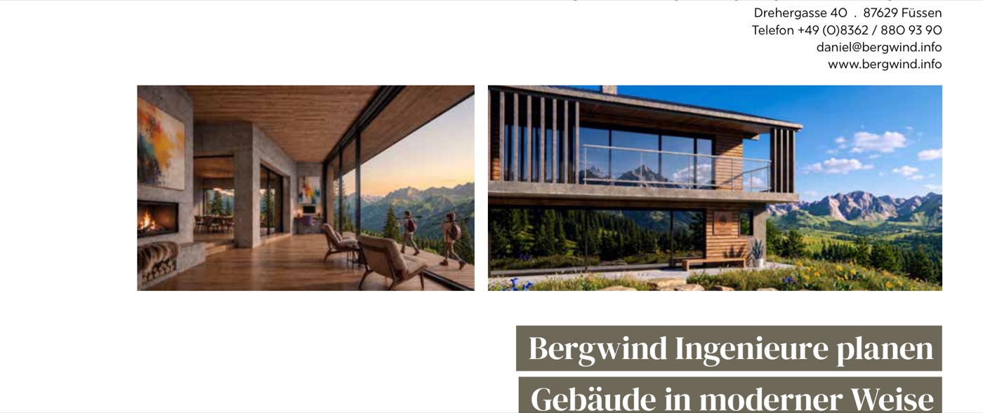 Anzeigenseite in der Allgäuer Zeitung mit zwei Renderings eines Chalets, Portraits von Richard Frank und Daniel Lenzenhuber sowie dem Text zur KI im Planungsalltag.
